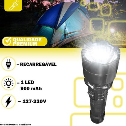 Imagem de Lanterna LED Recarregável Bivolt 3W Portátil Alta Potência 24cm Bateria 900mAh Emergência Camping