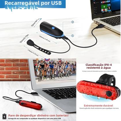 Imagem de Lanterna LED Recarregável USB Para Bicicleta Com Buzina, Conjunto De Farol E Luz Traseira À Prova