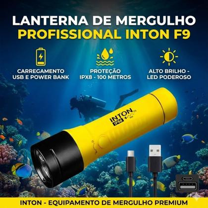 Imagem de Lanterna Mergulho Profissional F9 Inton IP68 Led Potente Recarregável USBC Prova Dágua Pesca