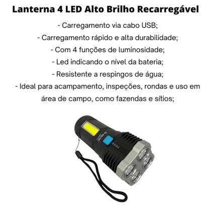 Lanterna Recarregável USB 4 LED Alto Lúmen - MK Imagem de Lanterna Recarregável USB 4 LED Alto Lúmen