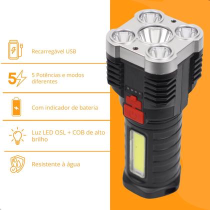 Imagem de Lanterna Recarregável USB 5 LED Alto 4000 Lúmens À Prova D'água