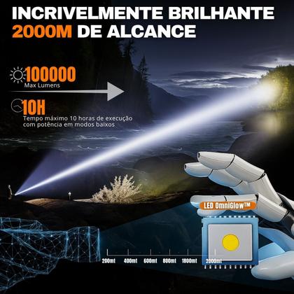 Imagem de Lanterna Tatica LED 100000 Lumens Recarregavel USB C IPX6 Prova Dagua Com Ima Zoom 2000m Alcance Bateria Longa Duracao LCD