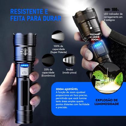 Imagem de Lanterna Tática LED de Alta Potência com Display 300000LM, USB