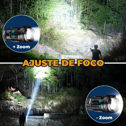 Imagem de Lanterna Tática LED Recarregável USB Cor Preto Super Potente com Zoom Profissional de Luz Forte do Mundo Militar Pesca