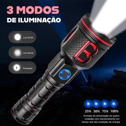 Imagem de Lanterna Tática Militar P90 LED Ultra Potente Bateria Recarregável 7 Modos de Luz