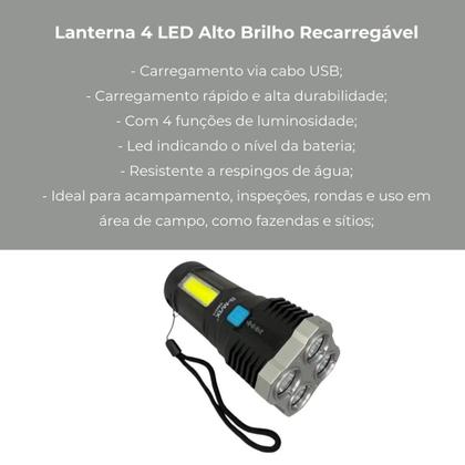 Imagem de Lanterna Tática Recarregável 4 LEDs Potente, Foco Ajustável e Impermeável  Ideal para Aventureiros e Uso Profissional