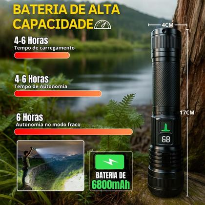 Imagem de Lanterna Tática Tesla Ray LED XHP50 200000 Lumens Recarregável Zoom USB IPX6 6800mAh Camping