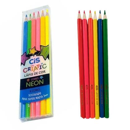 Lápis de Cor 6 cores - Sextavado Tom Neon - Cis Criatic - Lápis de