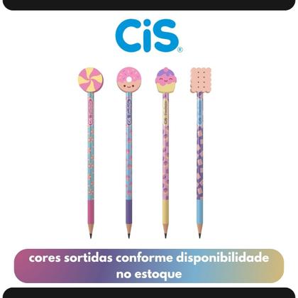 Imagem de Lápis HB CiS Fantasia com Borracha Candy Cor Escrever Escolar Fofo Pastel Grafite Redondo Decorado