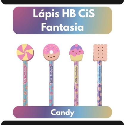 Imagem de Lápis HB CiS Fantasia com Borracha Candy Cor Escrever Escolar Fofo Pastel Grafite Redondo Decorado