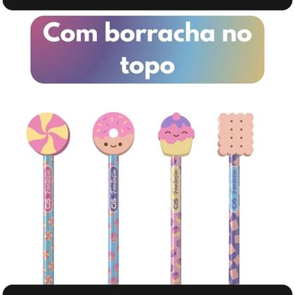 Imagem de Lápis HB CiS Fantasia com Borracha Candy Cor Escrever Escolar Fofo Pastel Grafite Redondo Decorado