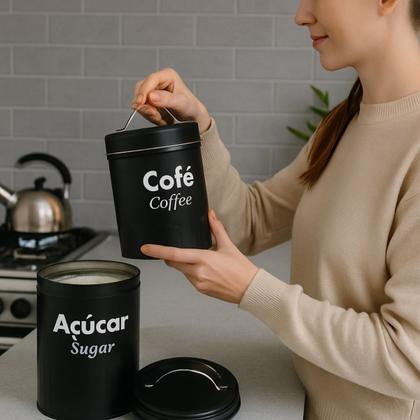 Imagem de Lata De Metal Com Alça Para Mantimentos 18x10 cm Café e Açucar