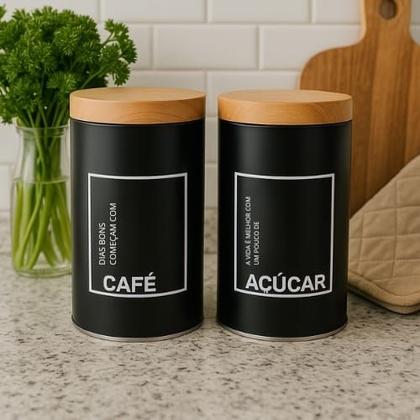 Imagem de Lata Porta Mantimentos Pote De Café Açúcar Kit 2 Peças