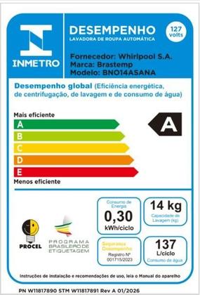 Imagem de Lava e Seca Brastemp 14Kg/8Kg com Lavagem e Secagem Inteligentes Titanium BNO14AS 220V