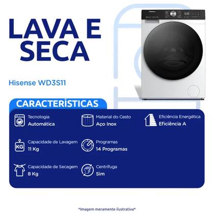 Imagem de Lava e Seca Hisense 11kg com Jet Wash WI-FI WD3S1143BW