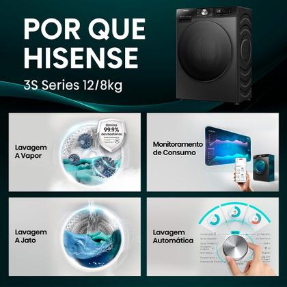 Imagem de Lava e Seca Hisense 3S 12kg/8kg Inverter 16 Programas com Wi-Fi Preta Noir - WD3S1243BB1