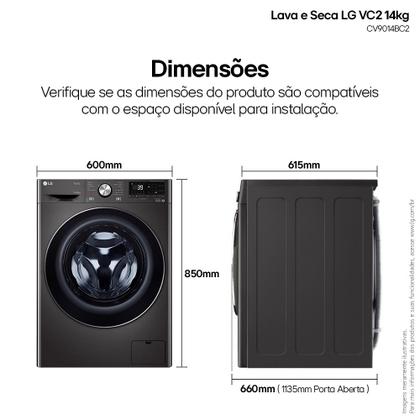 Imagem de Lava e Seca LG Smart VC2 14kg Black Inox com Inteligência Artificial AIDD (CV9014BC2A) - 220v