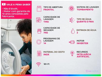 Imagem de Lava e Seca Smart LG 11KG com Inteligência Artificial AIDD Branca VC4 CV5011WG4A 220 Volts