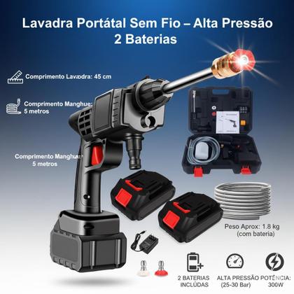 Imagem de Lavadora Alta Pressão Lava Jato Portátil Sem Fio Recarregável Bivolt 127V 220V Limpeza Casa Apartamento Lavagem Carro Moto Split Preta Com 2 Baterias