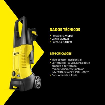 Imagem de Lavadora De Alta Pressão Kärcher K2 Plus Car 1740PSI Libras 1400W 300 Lh Com Canhão de Espuma, Jato turbo Rotativo, Escova Auto, Jato Leque