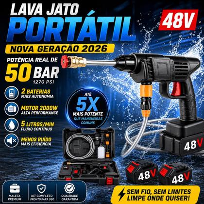 Imagem de Lavadora Lava Jato 48V Portátil 50 BAR 2000 W Alta Pressão Recarregável Kit 2 Baterias 8000 mAh Com Maleta Resistente