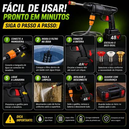 Imagem de Lavadora Lava Jato 48V Portátil 50 BAR 2000 W Alta Pressão Recarregável Kit 2 Baterias 8000 mAh Com Maleta Resistente