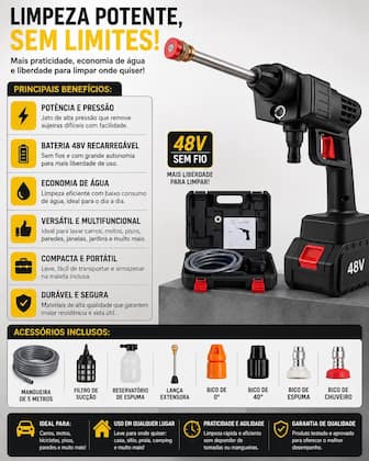 Imagem de Lavadora Lava Jato Portátil Alta Pressão Recarregavel Kit 2 Baterias 48V Com Maleta