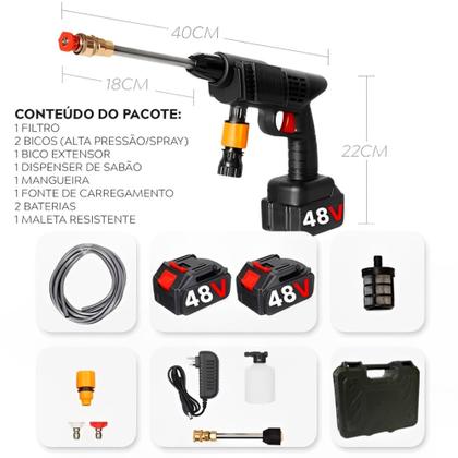 Imagem de Lavadora Lava Jato Portátil Alta Pressão Recarregavel Kit 2 Baterias 48V Com Maleta