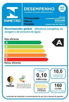 Imagem de Lavadora Semi-Automática Lavamax Eco 10Kg Suggar LE1011BR Branca 127V