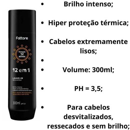 Imagem de Leave-in Reconstrutor 12 em 1 Fattore 300ml Proteção Térmica, Cabelos Mais lisos e Brilhosos