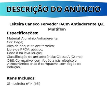 Imagem de Leiteira Fervedor Caneca Antiaderente 14cm 1,6 Litros Eko Bege Multiflon