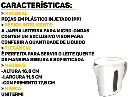Imagem de Leiteira Jarra Plástica Para Micro-ondas Leite Suco Água Com Tampa E Alça 1 Litro Unitermi