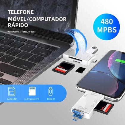 Imagem de Leitor de Cartões 6 em 1 Tipo C - USB 2.0, TF, Micro SD - Adaptador de Memória