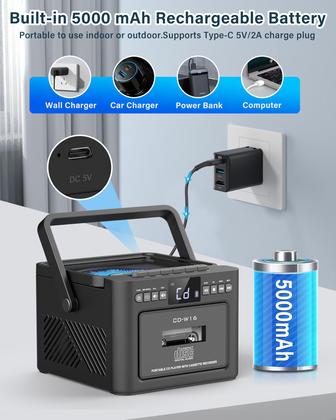 Imagem de Leitor de CD Boombox Cassette Bluetooth 5.1 Sunoony 5000mAh