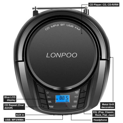 Imagem de Leitor de CD portátil Boombox LONPOO Rádio FM USB Bluetooth
