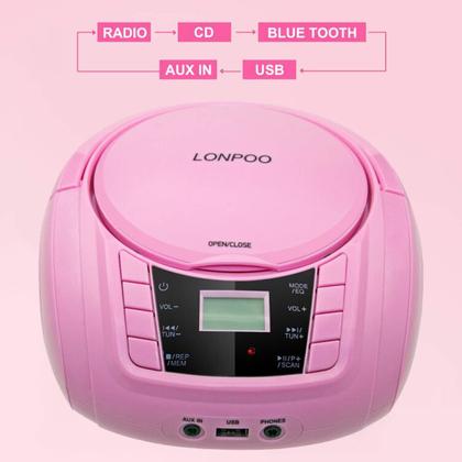 Imagem de Leitor de CD portátil LONPOO Boombox Rádio FM USB Bluetooth 28cm