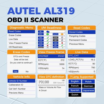 Imagem de Leitor de código OBD2 Scanner Autel AL319 para todos os veículos OBDII