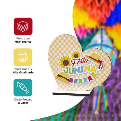 Imagem de Lembrancinha Coração Festa Junina em MDF Decoração com Girassol, Chapéu e Bandeirinhas
