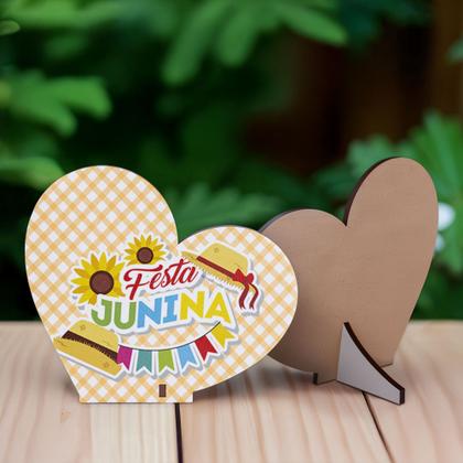Imagem de Lembrancinha Coração Festa Junina em MDF Decoração com Girassol, Chapéu e Bandeirinhas