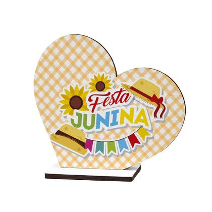 Imagem de Lembrancinha Coração Festa Junina em MDF Decoração com Girassol, Chapéu e Bandeirinhas