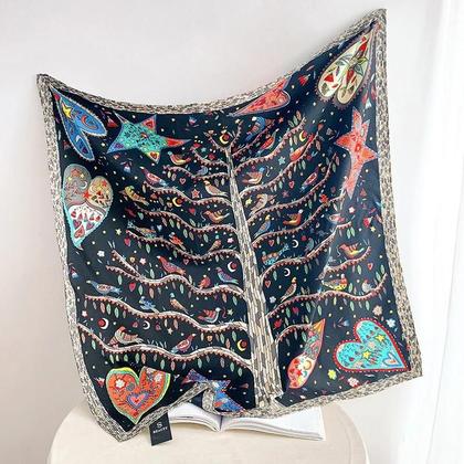 Imagem de Lenço De Seda Luxuoso Para Mulheres Com Estampa De Árvore Do Amor, 90 Cm, Lenço De Seda Twill,
