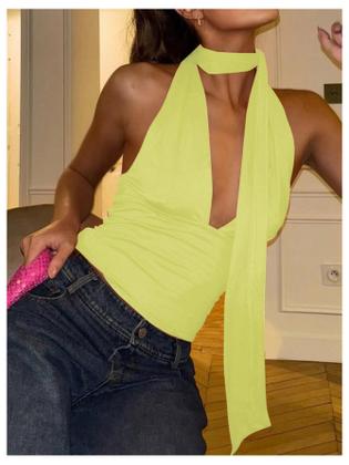 Imagem de Lenço Halter Crop Top SOLY HUX feminino com decote em V profundo amarelo