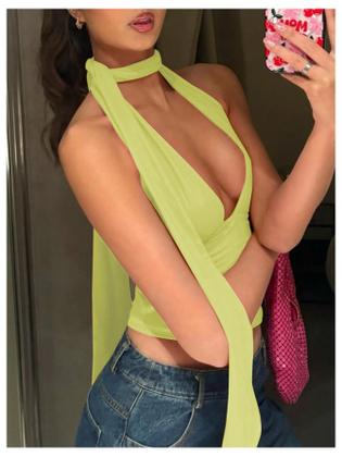 Imagem de Lenço Halter Crop Top SOLY HUX feminino com decote em V profundo amarelo