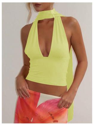 Imagem de Lenço Halter Crop Top SOLY HUX feminino com decote em V profundo amarelo