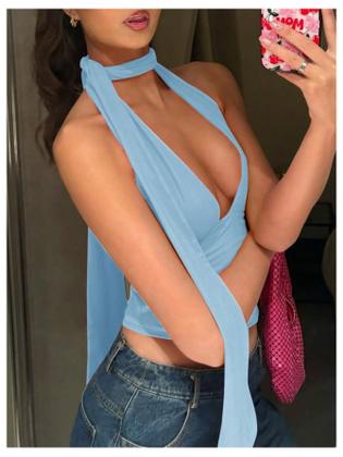 Imagem de Lenço Halter Crop Top SOLY HUX feminino com decote em V profundo azul