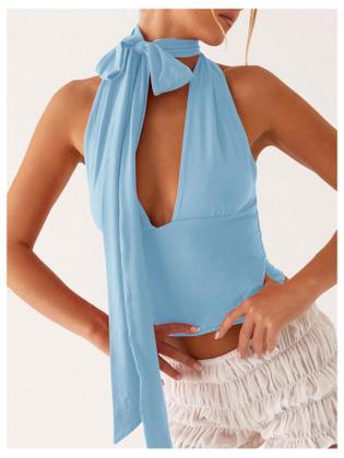 Imagem de Lenço Halter Crop Top SOLY HUX feminino com decote em V profundo azul