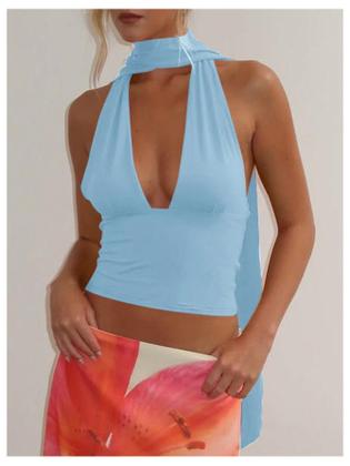 Imagem de Lenço Halter Crop Top SOLY HUX feminino com decote em V profundo azul