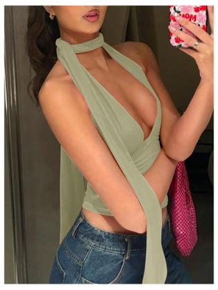 Imagem de Lenço Halter Crop Top SOLY HUX feminino com decote em V profundo verde