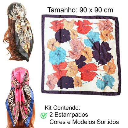 Imagem de Lenço Quadrado Grande Cetim Seda Multiuso Echarpe Cropped Bandana: Kit 2 Estampados Sortido