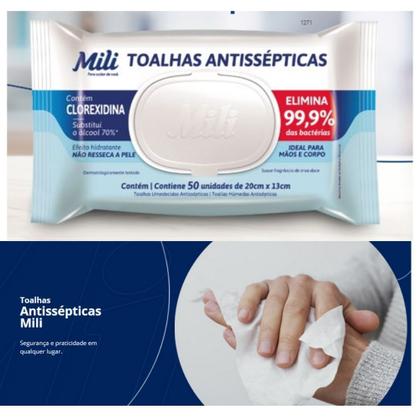Imagem de Lenço Umedecido ou Toalhas Antissépticas Mili  12 pacotes c/ 50 (total: 600 toalhas)